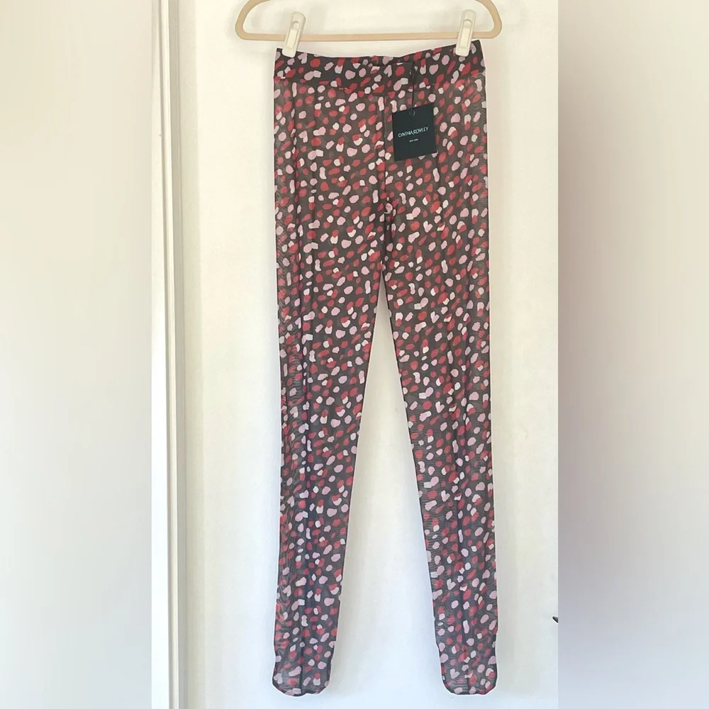 NWT Cynthia Rowley Modern Mesh (semi sheer) tights, waistband, black/red/pink, L